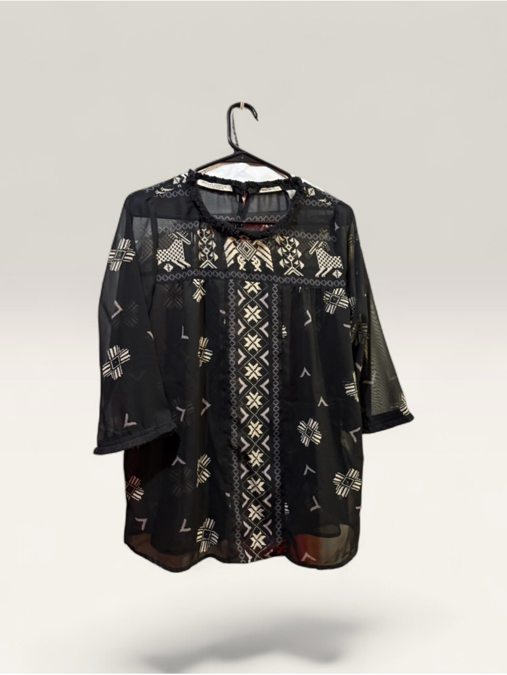 Scotch & Soda Black Sheer Embroidered Geometric Blouse